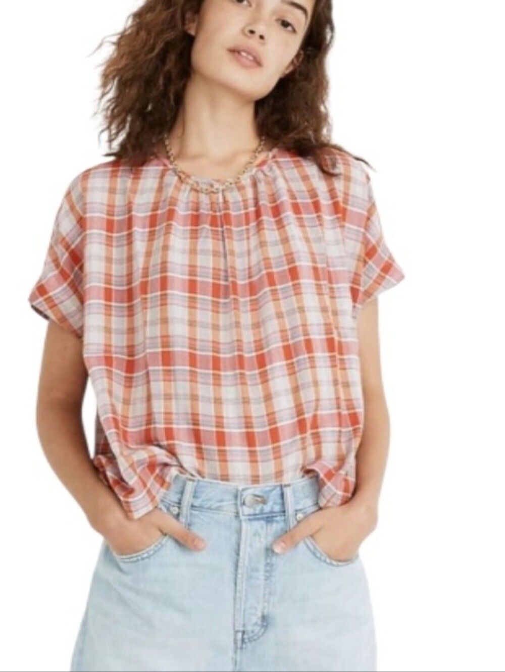 Madewell Plaid Shirred Oversized Short-Sleeve Boxy Top-NWT